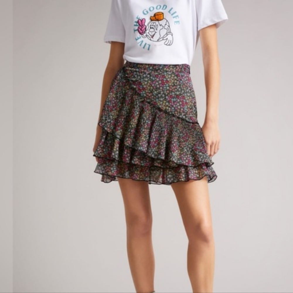Ted Baker Black Floral Ruffle Mini Skirt with Multicolor Ditsy Print
